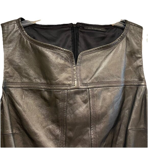 ELIE TAHARI Asphalt Black Pocket Leather Split Neck Back Zip Shift Dress Sz 6/8 - Picture 3 of 10